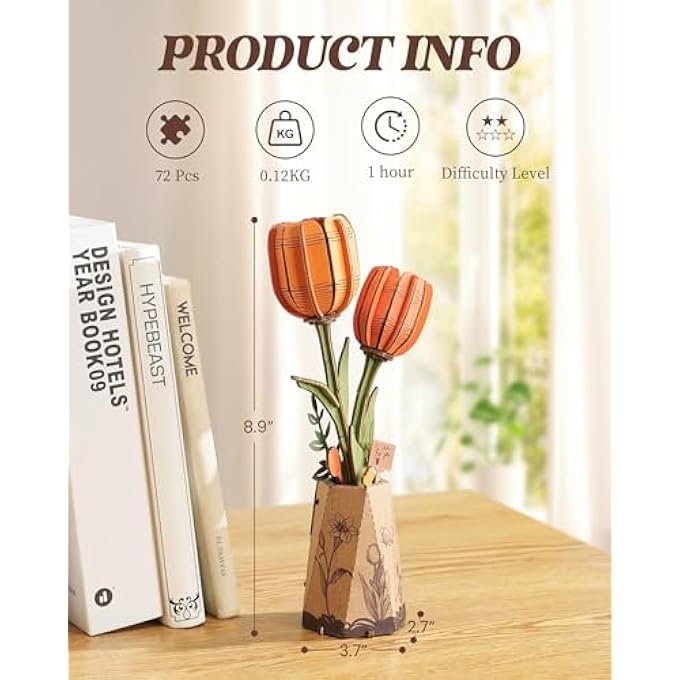 ORANGE TULIP 3D WOODEN PUZZLE, ARTIFICIAL FLOWERS MODEL KITS FOR ADULTS TO BUILD, CREATIVE HOME DECOR, ACCESSORIES LIVING ROOM, GIFTS FOR WOMEN ON VALENTINE'S DAY, FLOWER BOUQUET - Image 4